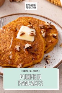Two pumpkin pancakes next to a fork on a speckled plate. Text overlay includes recipe name.