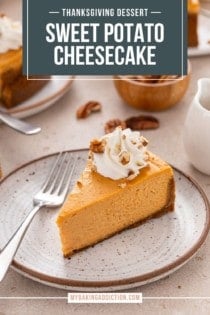 Slice of sweet potato cheesecake next to a fork on a stoneware plate, with a second plated slice visible in the background. Text overlay includes recipe name.