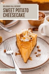 Slice of sweet potato cheesecake topped with salted caramel sauce, whipped cream, and chopped pecans. Text overlay includes recipe name.