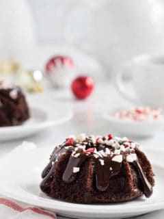 Chocolate Peppermint Mini Bundt Cakes are a fun and delicious dessert for any holiday party. A drizzle of peppermint ganache and sprinkling of crushed candy canes makes them super festive!
