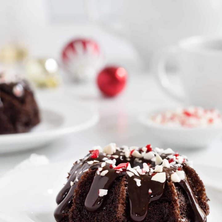 Chocolate Peppermint Mini Bundt Cakes are a fun and delicious dessert for any holiday party. A drizzle of peppermint ganache and sprinkling of crushed candy canes makes them super festive!