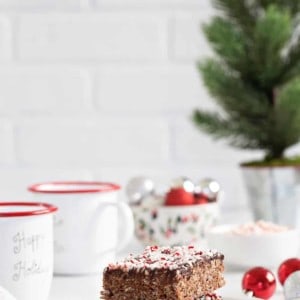 Chocolate Peppermint Scotcheroos are a fun and festive spin on a classic no-bake dessert. Chocolate hazelnut spread, dark chocolate chips, and crushed candy canes make them extra special!