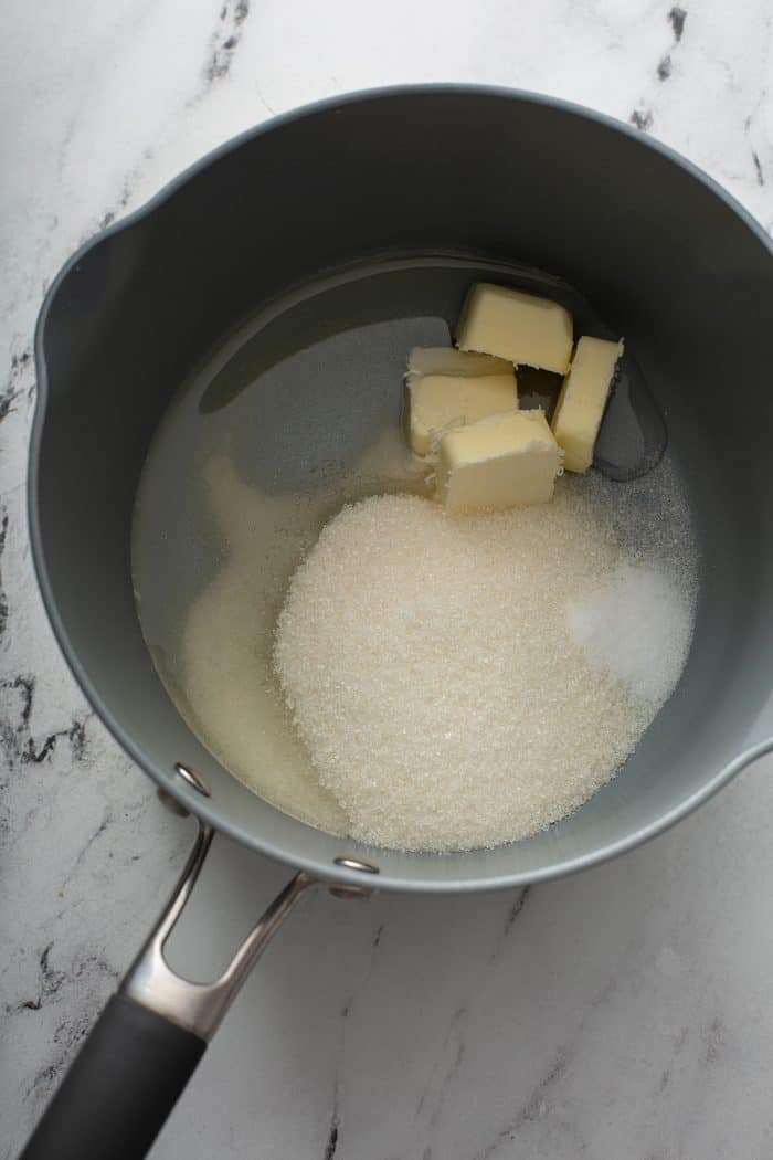 ingredients for caramel in a saucepan