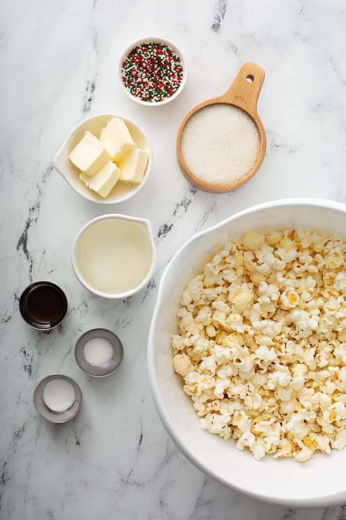 Ingredients for popcorn balls arranged on a counter