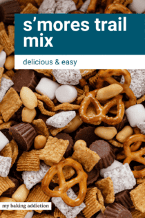 Close up image of the ingredients for s'mores trail mix stirred together. Text overlay includes recipe name.