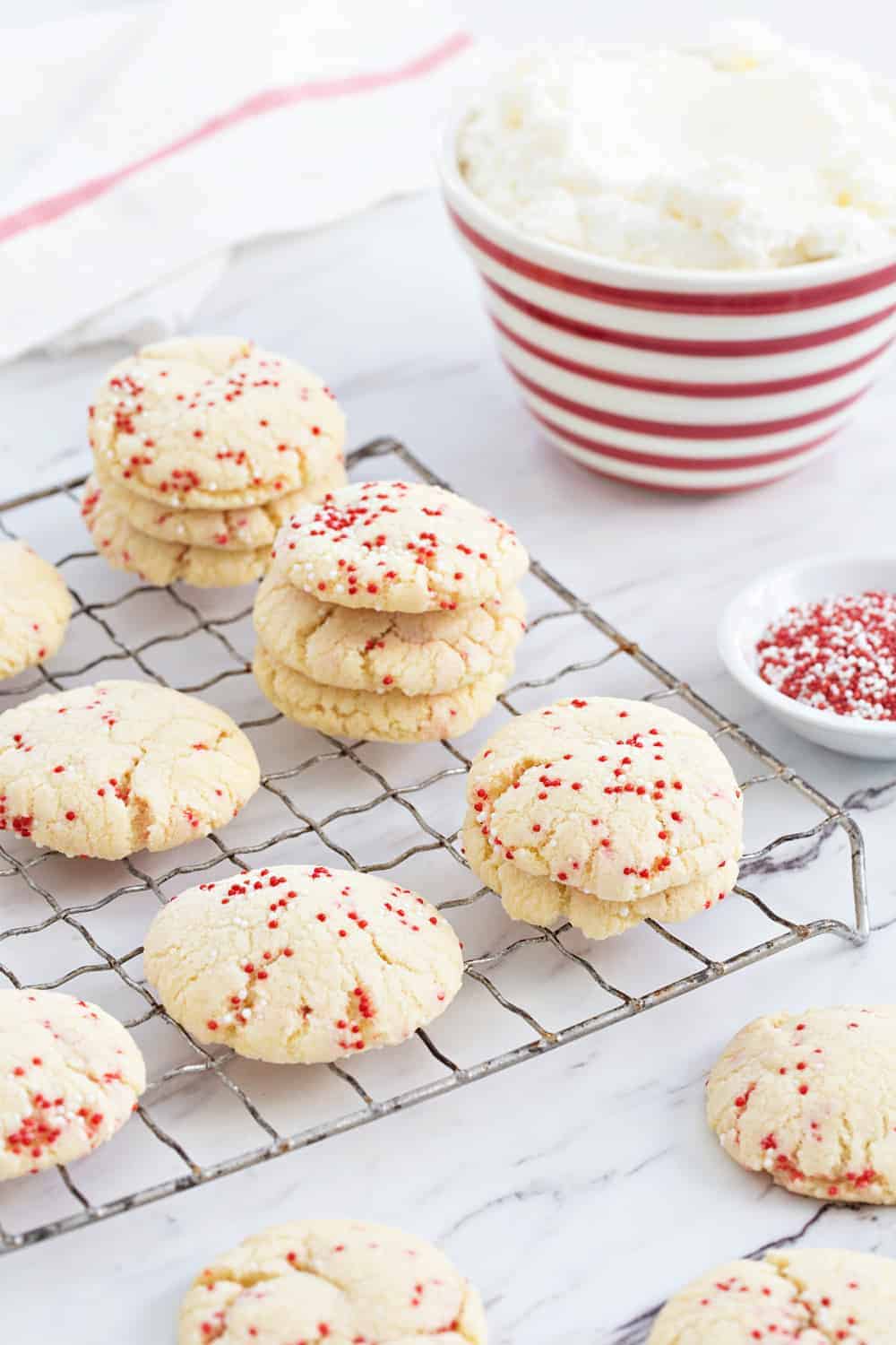 Easy Sugar Cookies come together in a snap! No chilling, rolling, or cookie cutters required! So easy and delish!