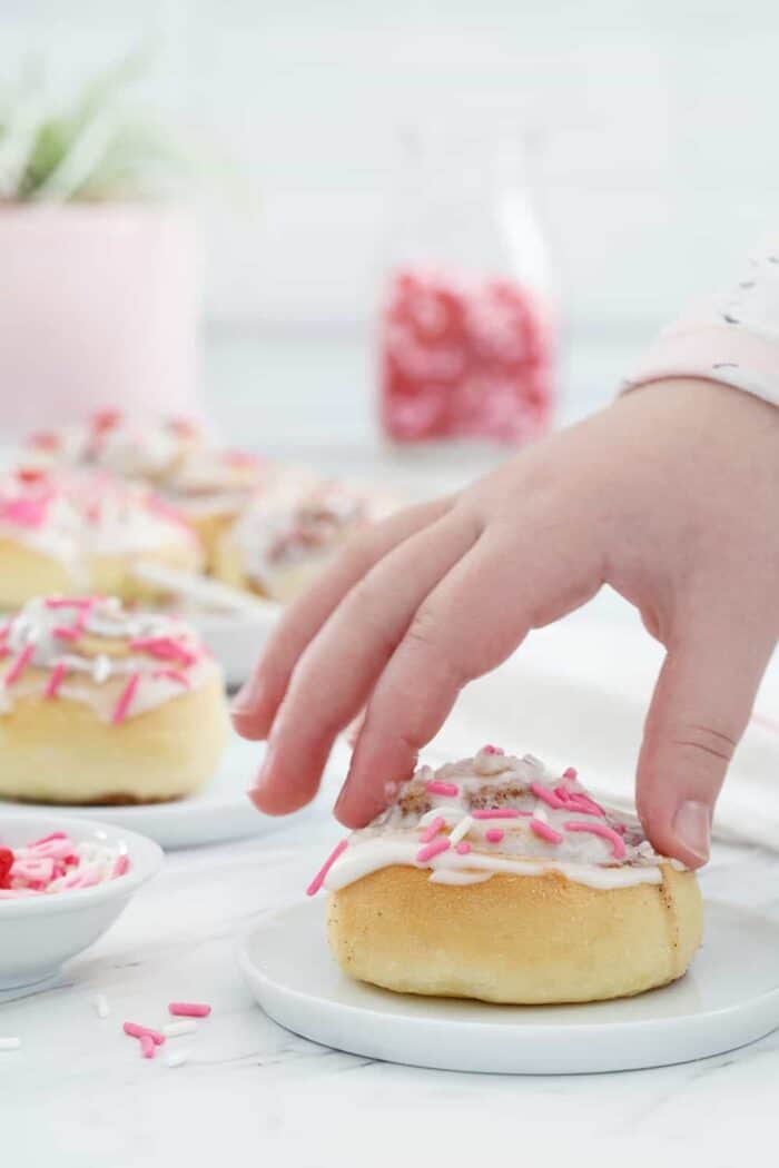 Mini Cinnamon Rolls are a fun and delicious way to celebrate any holiday!  So fun for Valentine's Day, or any day!