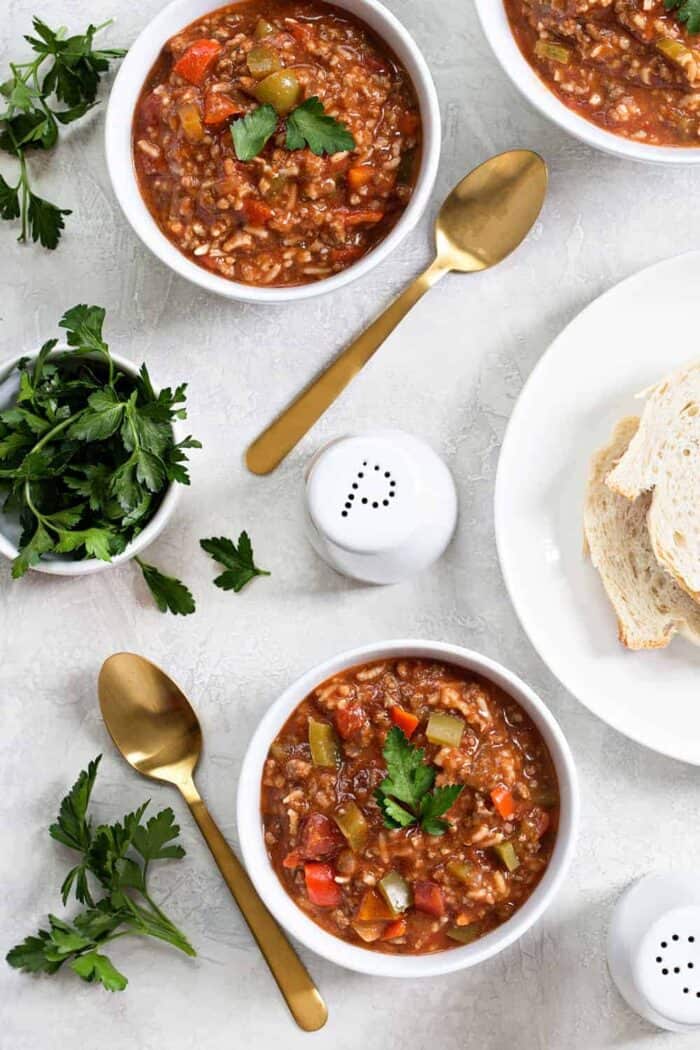 Stuffed Pepper Soup is loaded with the familiar flavors of traditional stuffed peppers and comes together in one pot. Serve up this hearty soup with crusty bread for the perfect weeknight meal!