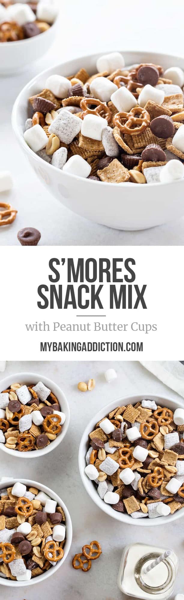 S'mores Snack Mix is bursting with peanut butter flavor thanks to puppy chow and mini peanut butter cups! You're going to love this!