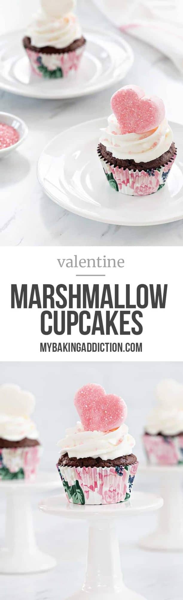 Valentine Marshmallow Cupcakes are a simple and delicious dessert for Valentine's Day. Sparkly marshmallow hearts makes them love-ly! 