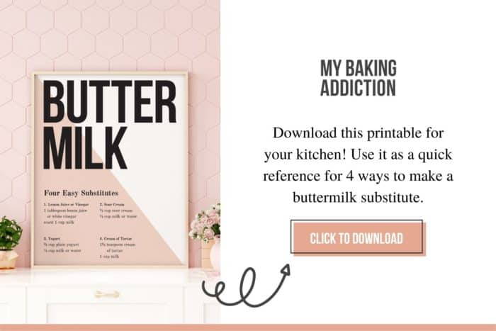 Graphic showing a buttermilk substitute printable in a kitchen, next to the words: Download this printable for your kitchen! Click to download.