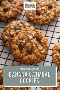 Close up of banana oatmeal cookies on a wire cooling rack. Text overlay includes recipe name.