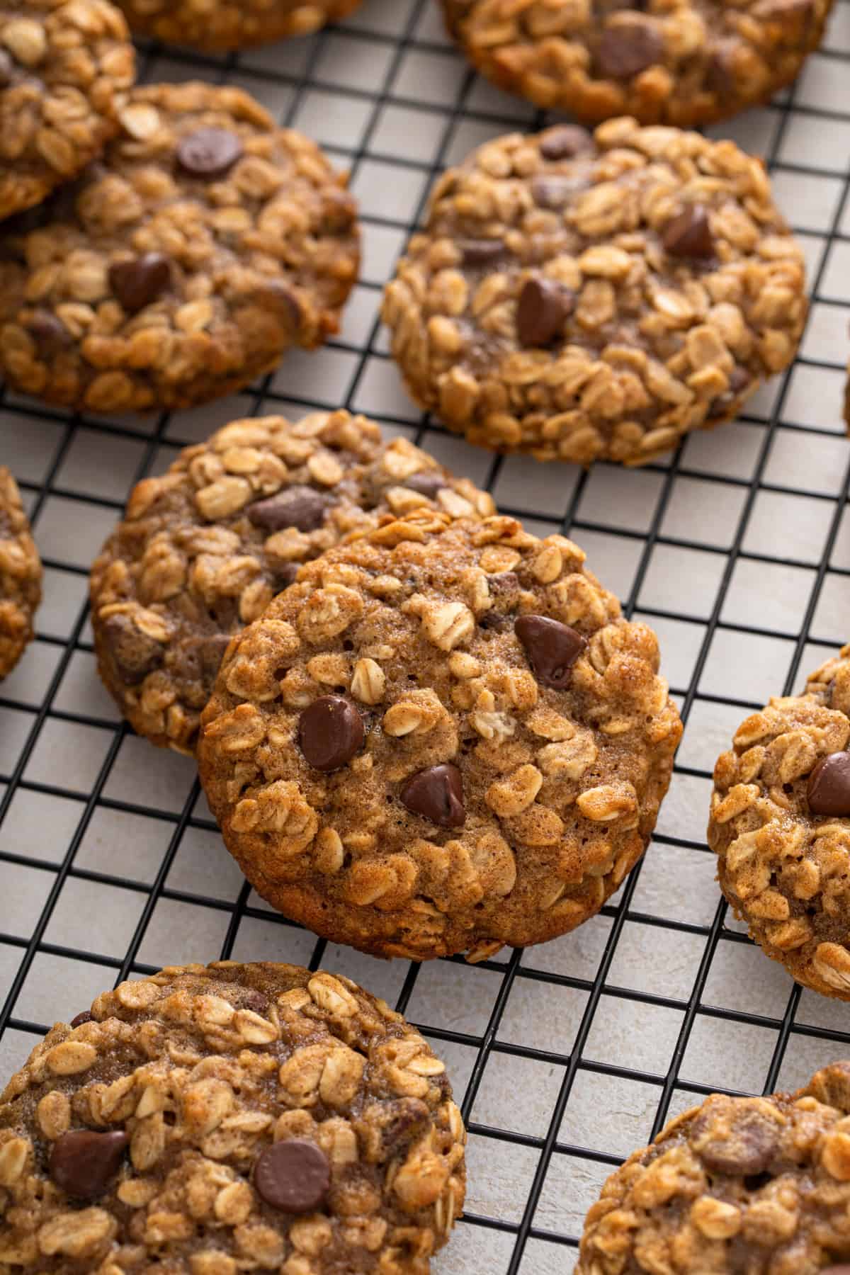 Close up of banana oatmeal cookies on a wire cooling rack.