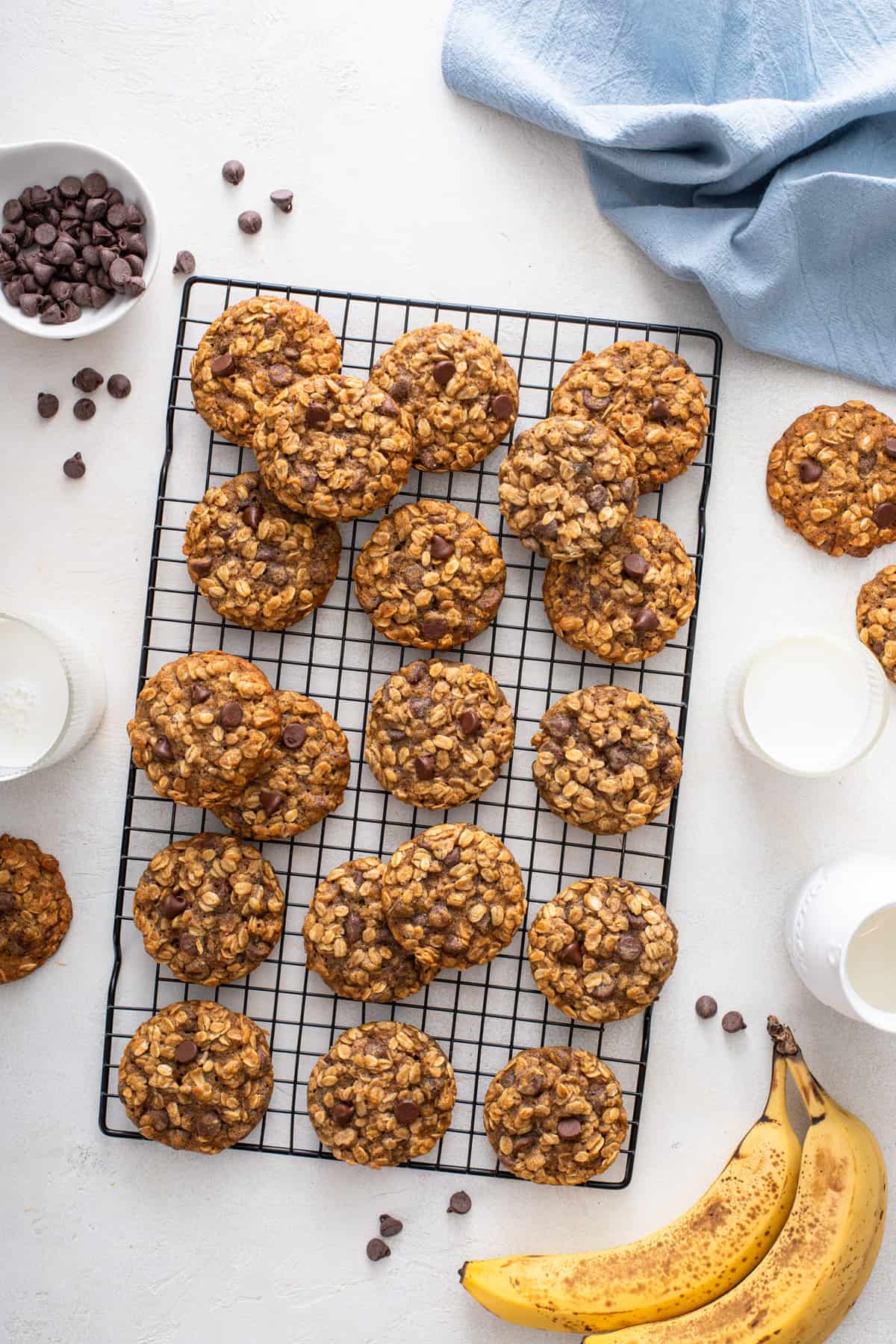 Banana oatmeal cookies cooling on a wire cooling rack.