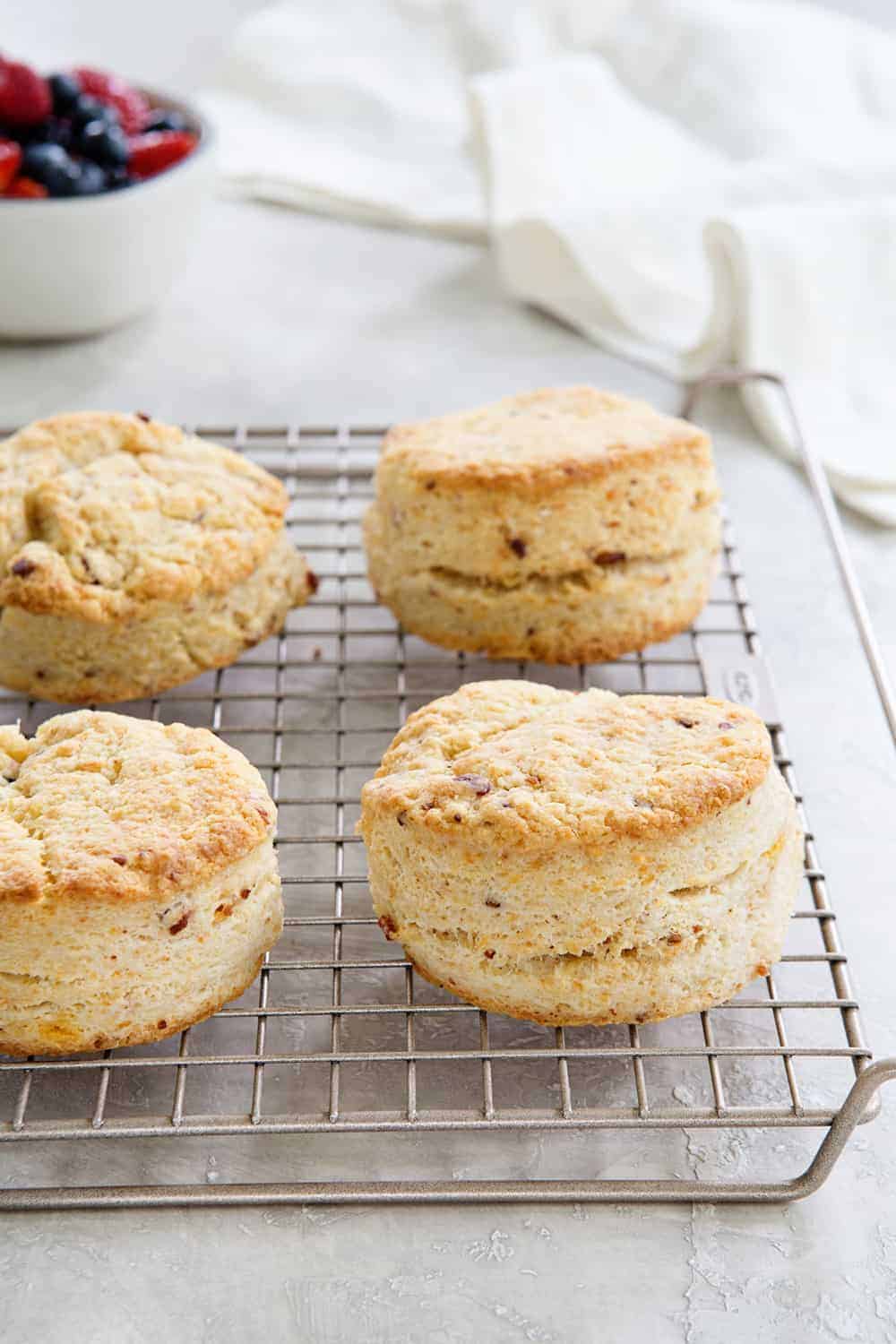 Bacon Cheddar Biscuits are tender, flaky, and full of flavor. They're perfect for breakfast sandwiches too!