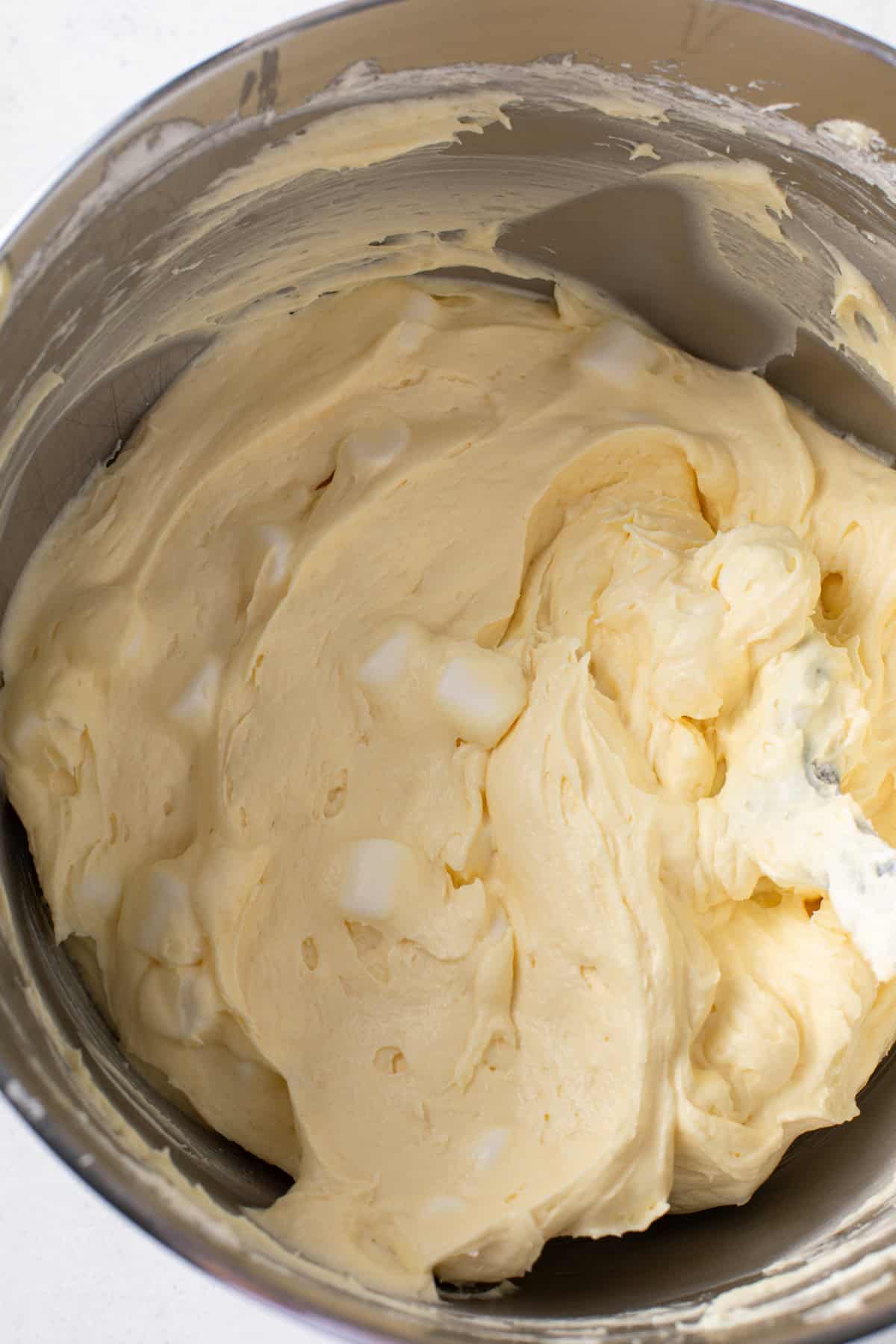 Cool whip and mini marshmallows folded into banana pudding fluff base.