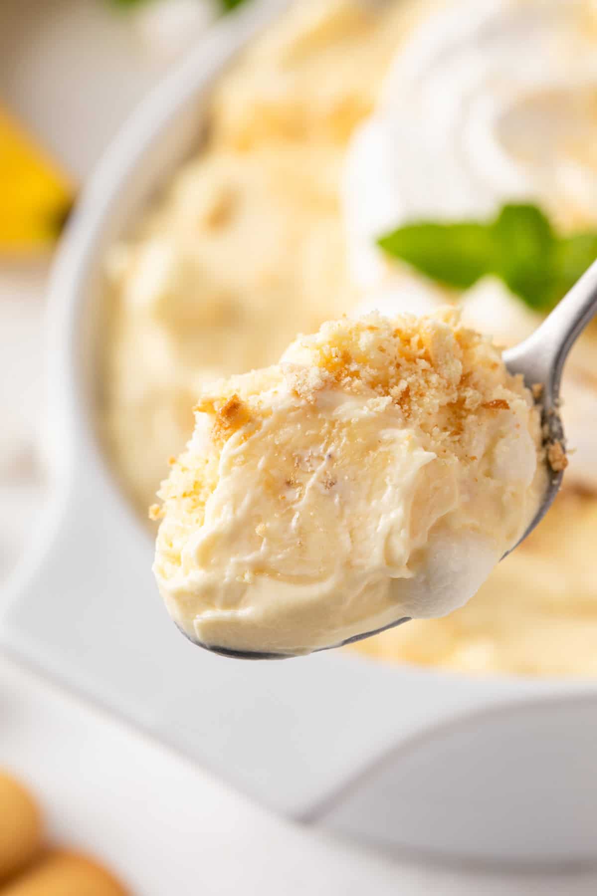 Spoon holding up a bite of banana pudding fluff.