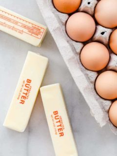 Three sticks of butter and a carton of eggs