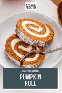 Fork cutting a bite from a slice of pumpkin roll on a plate. Text overlay includes recipe name.