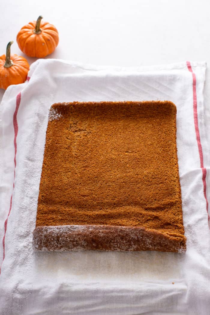 Unrolled pumpkin sponge on a white tea towel.