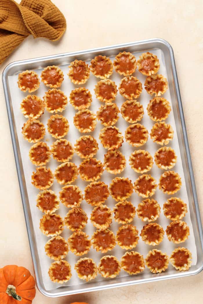 Baked mini pumpkin pies on a parchment-lined baking sheet.