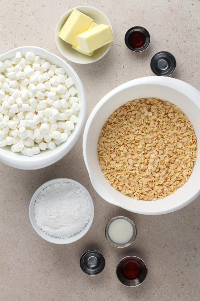 Ingredients for brown butter rice krispie treats arranged on a countertop.