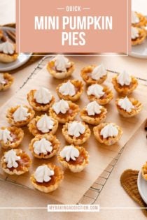 Wire rack holding mini pumpkin pies topped with whipped cream. Text overlay includes recipe name.