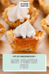 Halved mini pumpkin pie topped with whipped cream on a wire rack. Text overlay includes recipe name.