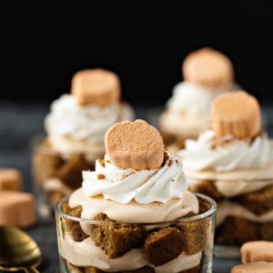 Pumpkin Trifles layer pumpkin bread with pumpkin pudding and top everything off with an adorable seasonal marshmallow. Cute enough for kids, delicious enough for adults!