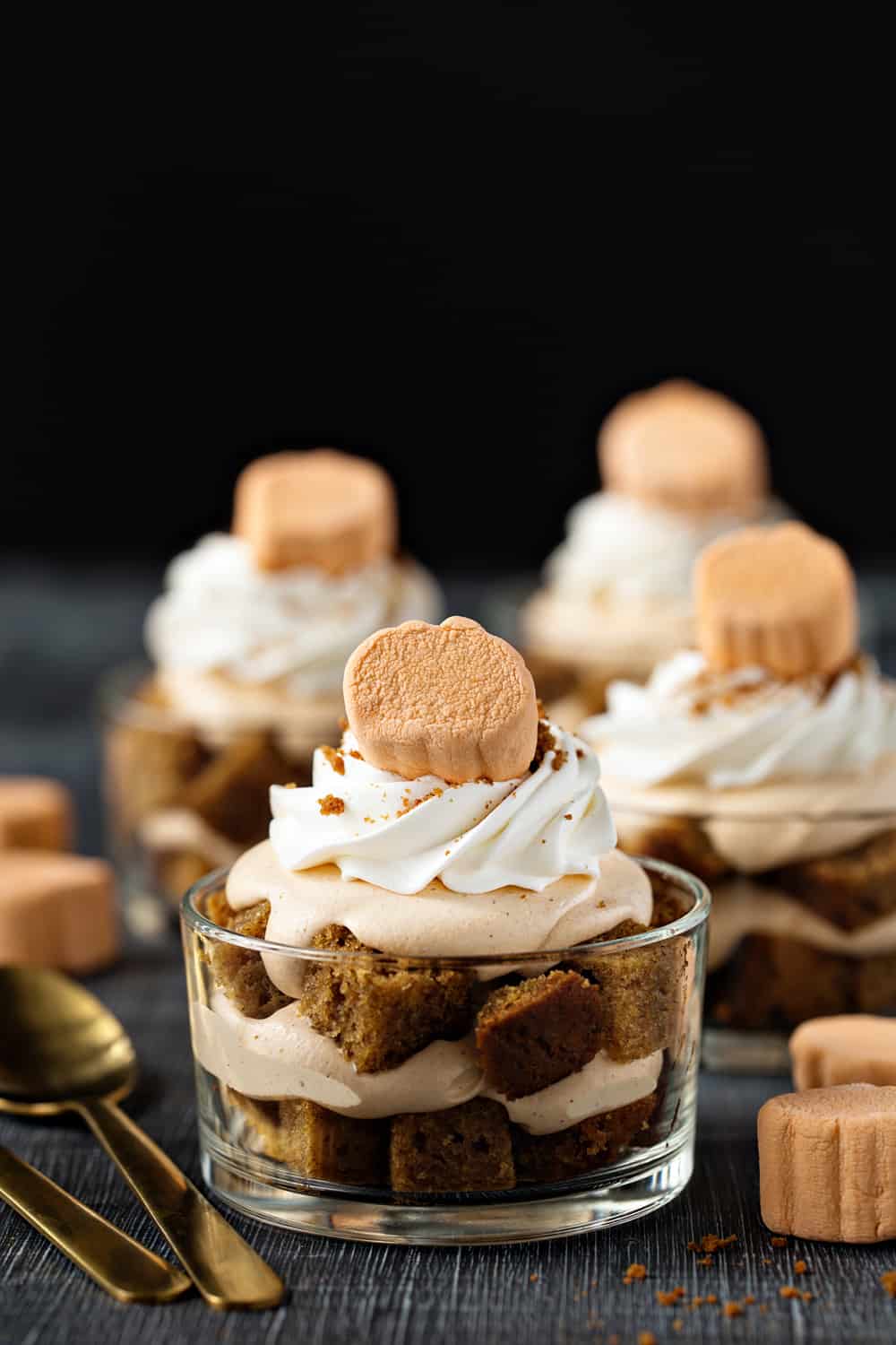 Pumpkin Trifles layer pumpkin bread with pumpkin pudding and top everything off with an adorable seasonal marshmallow. Cute enough for kids, delicious enough for adults!