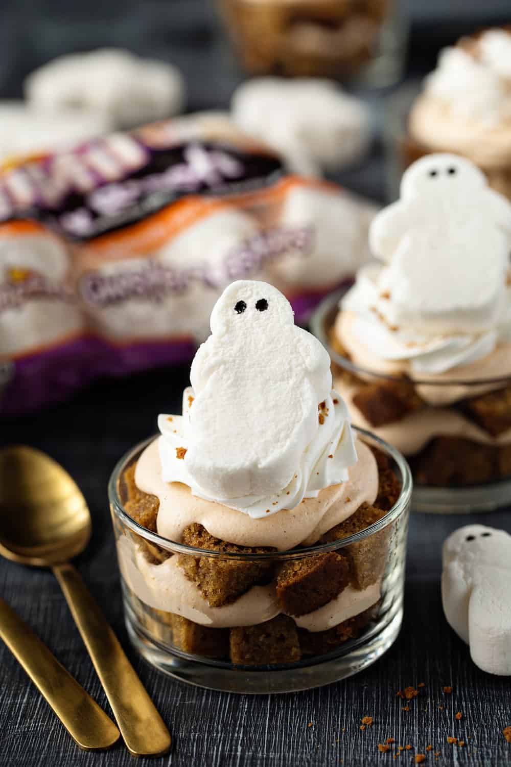 Pumpkin Trifles layer pumpkin bread with pumpkin pudding and top everything off with a dollop of whipped topping and a delicious marshmallow.
