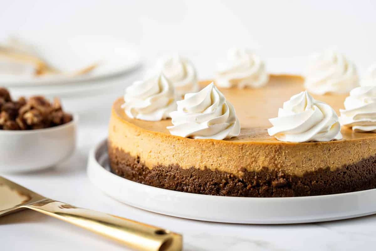 Pumpkin Praline Cheesecake is the perfect dessert for fall. It's sweet, creamy and loaded with cozy spices.