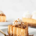 Pumpkin Praline Cheesecake combines sweet praline pecans with creamy pumpkin cheesecake and a gingersnap crust.