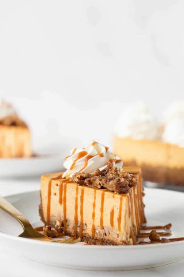 Pumpkin Praline Cheesecake combines sweet praline pecans with creamy pumpkin cheesecake and a gingersnap crust.