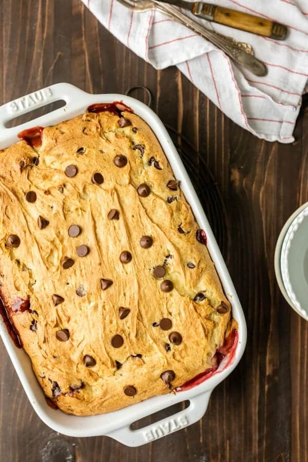 Cake mix and banana cream pudding mix make the perfect topping for Banana Split Dump Cake