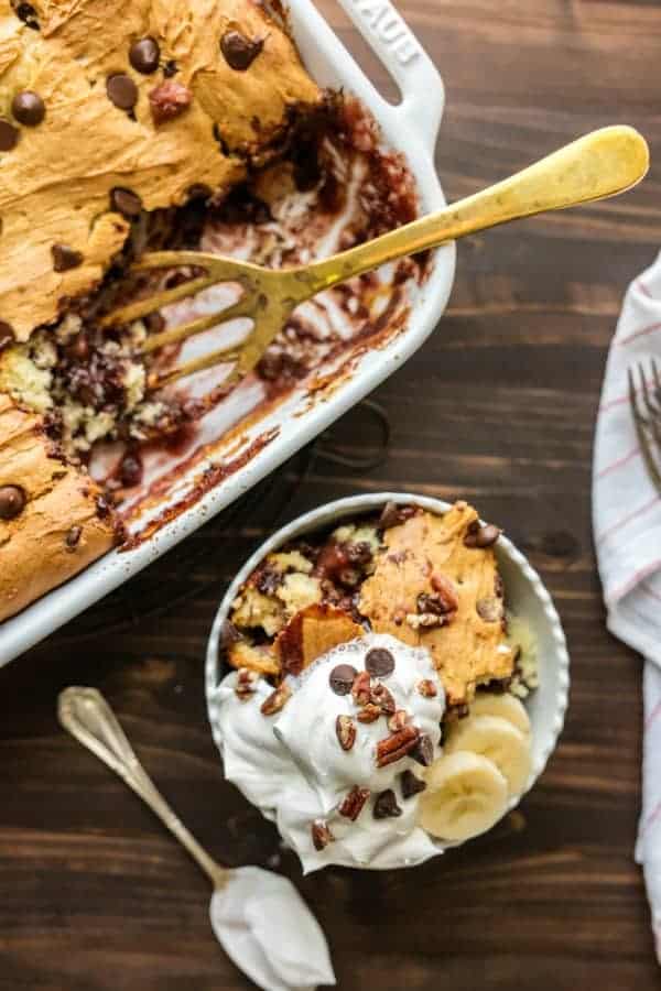 Top Banana Split Dump Cake with any of your favorite banana split toppings - or a scoop of ice cream!