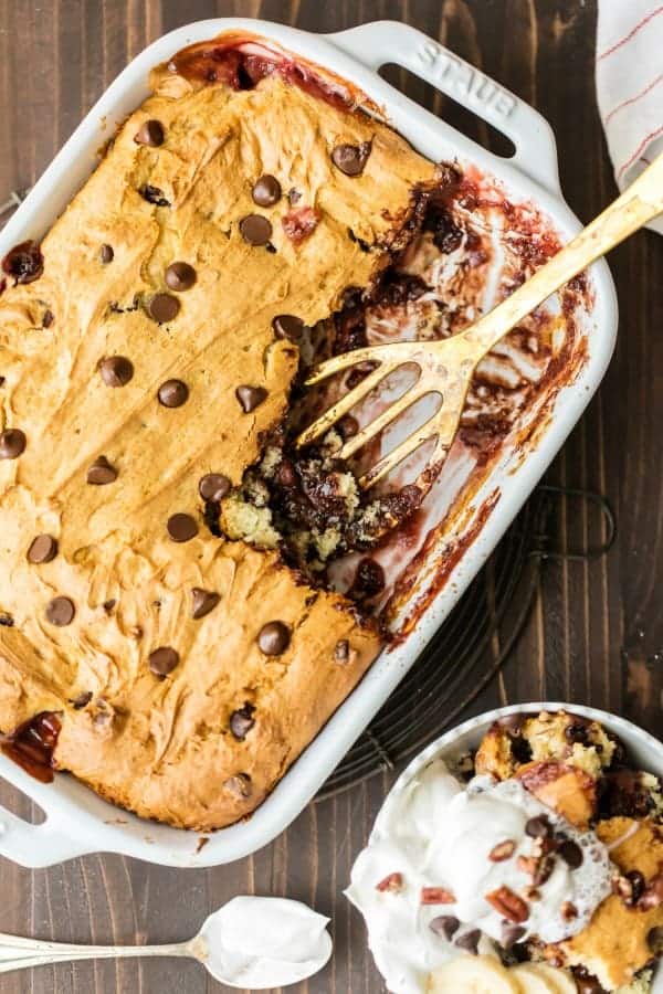 Banana Split Dump Cake is super easy and perfect for taking to a potluck!