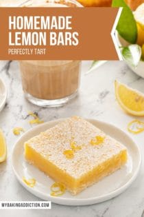 Two lemon bars on white plates on a marble countertop. Text overlay for pinterest includes recipe name.