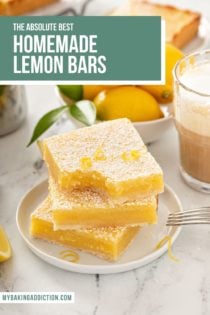 Three stacked lemon bars on a white plate, with a bite taken out of the corner of the top bar. Text overlay includes recipe name.