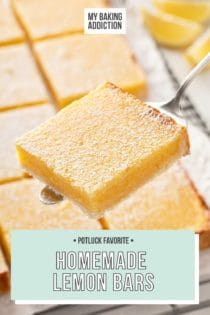 Pie server holding up a sliced lemon bar. Text overlay for pinterest includes recipe name.