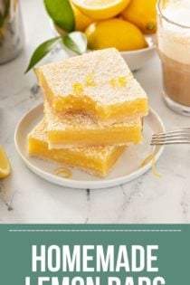 Three stacked lemon bars on a white plate, with a bite taken out of the corner of the top bar. text overlay includes recipe name.