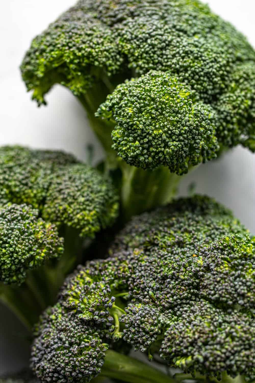 Three heads of broccoli on a white background