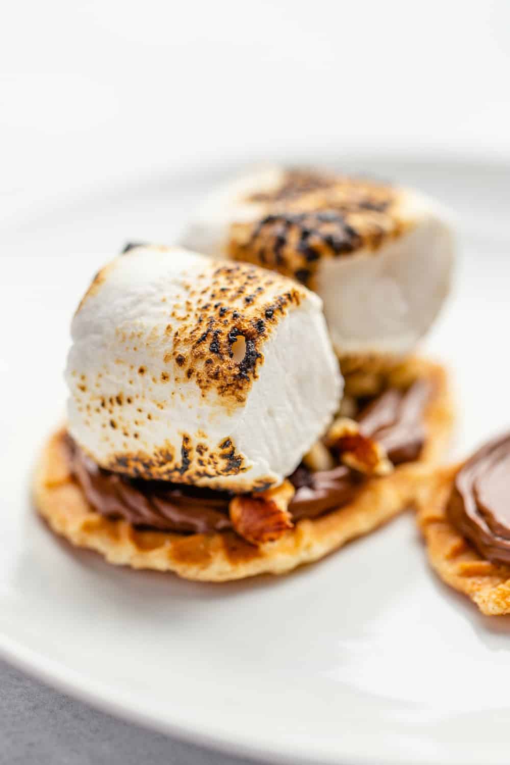 Waffle cookie topped with chocolate hazelnut spread, toasted hazelnuts and 2 toasted marshmallows