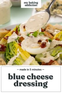 Spoon adding blue cheese dressing over a green salad on a white plate. Text overlay includes recipe name.