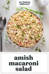 Assembled amish macaroni salad in a large serving bowl. text overlay includes recipe name.