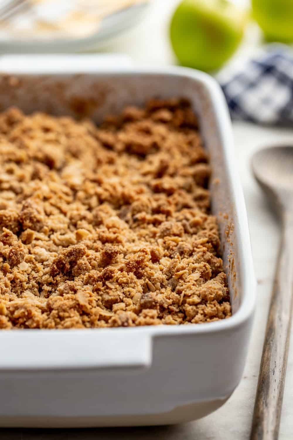 Baking dish of caramel apple crisp fresh from the oven