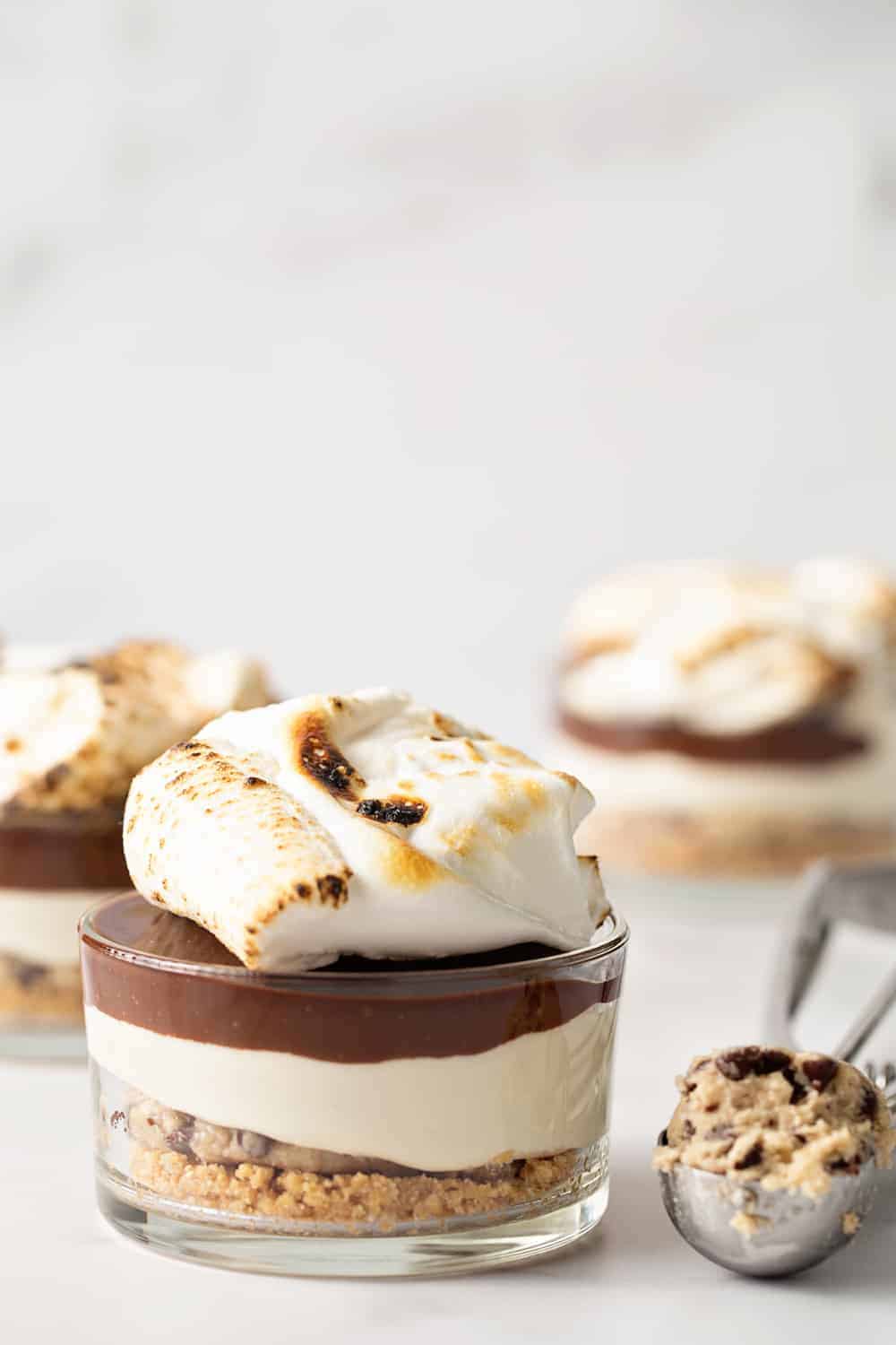 No Bake Cookie Dough S'mores Cheesecake on white surface with cookie scoop of cookie on the right