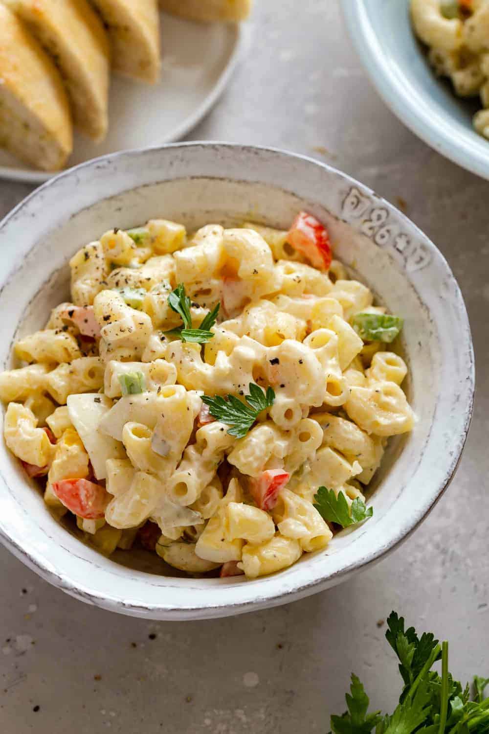 Bowl of macaroni salad close up