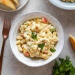 Overhead view of a bowl of macaroni salad