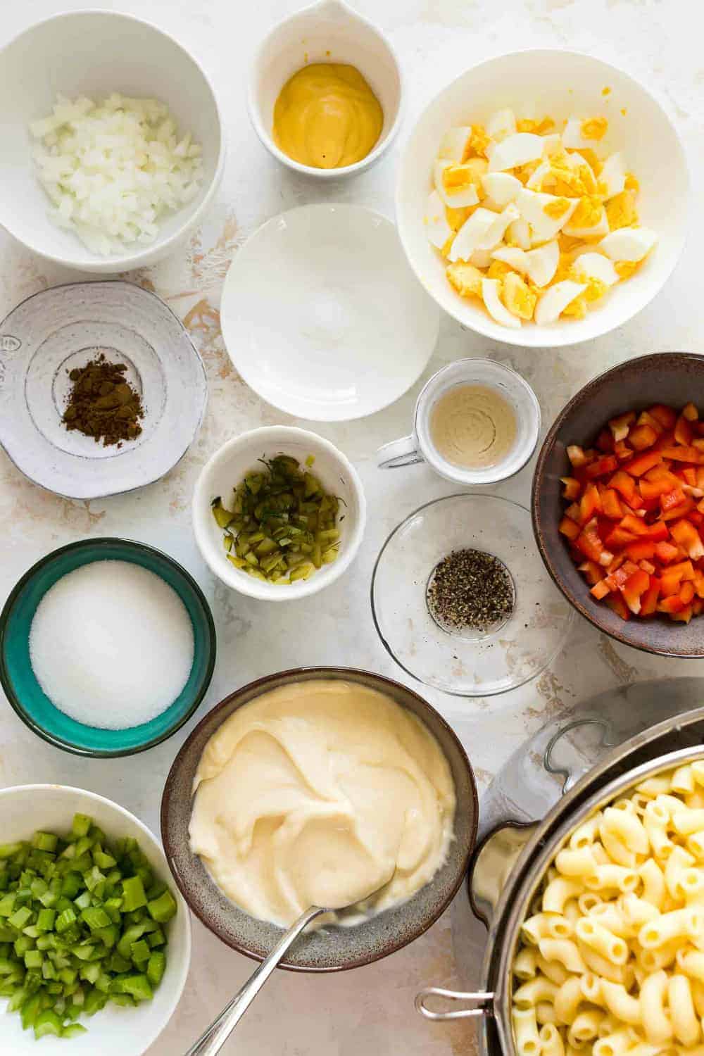 Ingredients for making macaroni salad